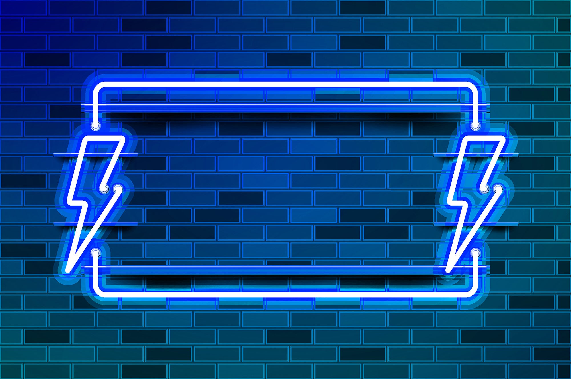 Blue LED lights in the shape of lightning bolts against a brick wall.